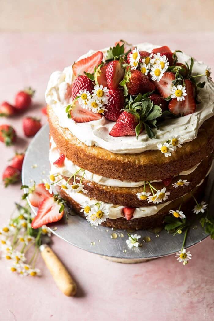 Strawberry Chamomile Naked Cake | halfbakedharvest.com #cake #spring #strawberry #recipes #easter