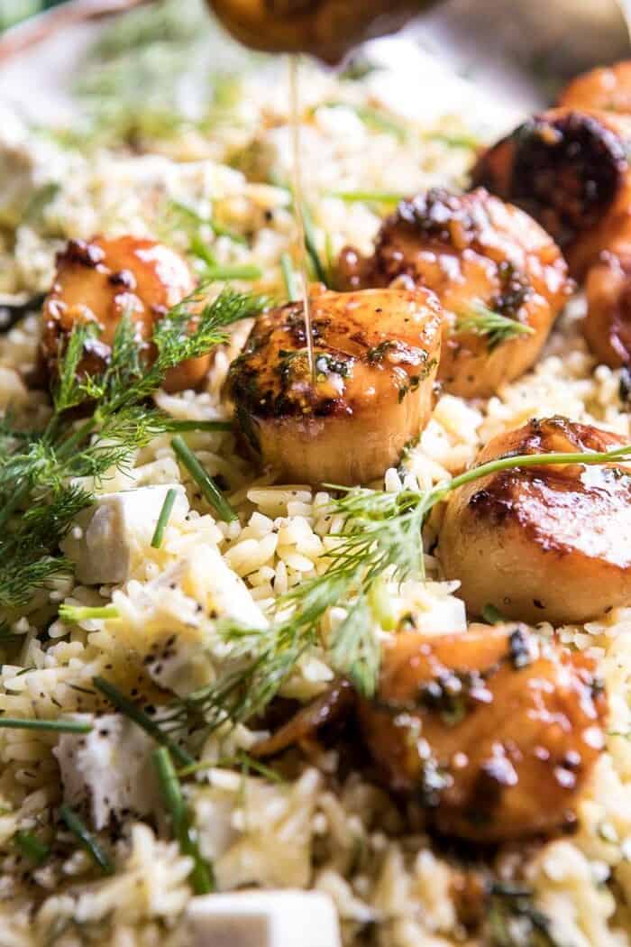 20 Minute Honey Garlic Butter Scallops and Orzo | halfbakedharvest.com #quick #easy #spring #recipes