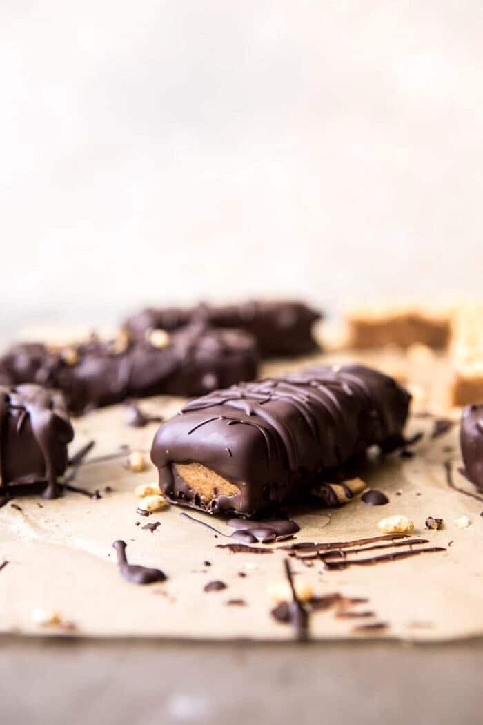 5 Ingredient Chocolate Covered Peanut Butter Crunch Bars | halfbakedharvest.com #chocolate #dessert #healthy