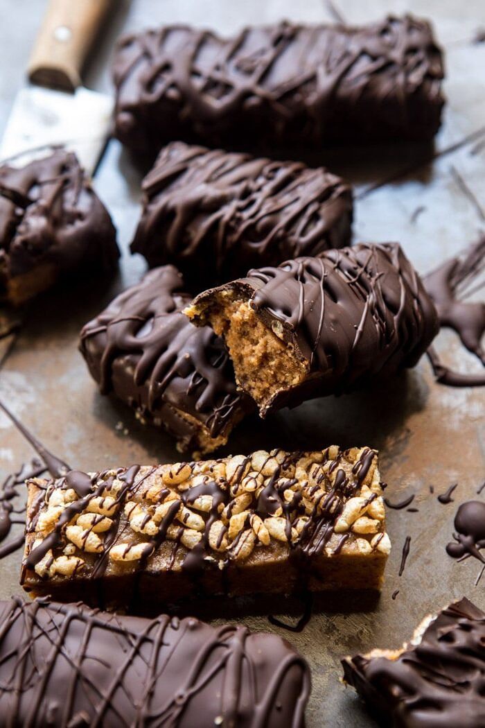 5 Ingredient Chocolate Covered Peanut Butter Crunch Bars | halfbakedharvest.com #chocolate #dessert #healthy