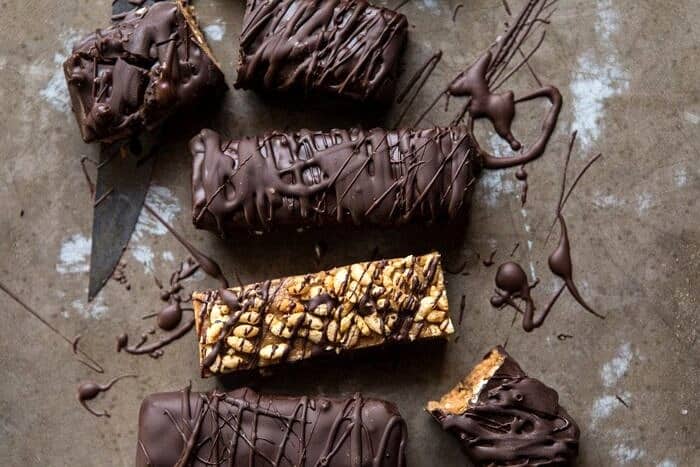 5 Ingredient Chocolate Covered Peanut Butter Crunch Bars | halfbakedharvest.com #chocolate #dessert #healthy