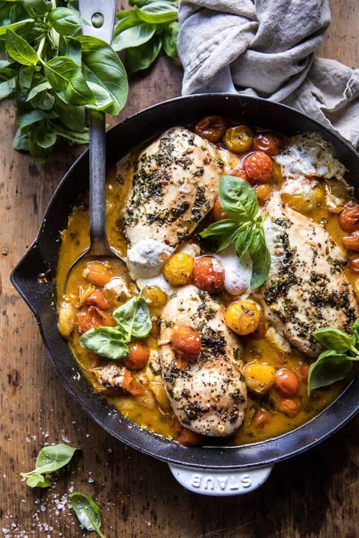 Cheesy Tomato Basil Stuffed Chicken | halfbakedharvest.com #chicken #easy #recipes