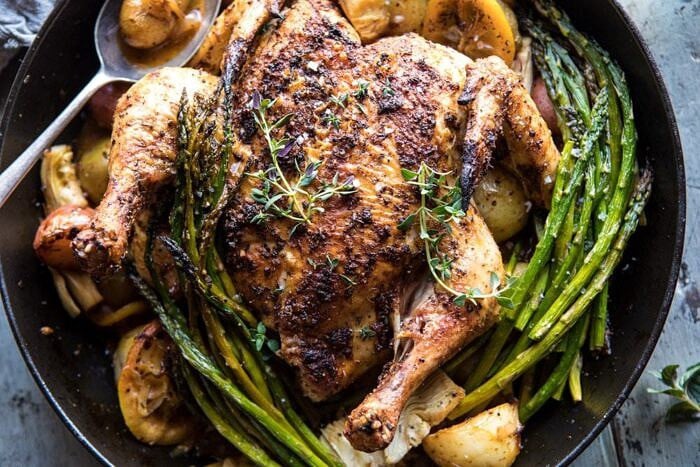 Spring Skillet Roasted Lemon Chicken and Veggies | halfbakedharvest.com #chicken #easy #dinner #recipes