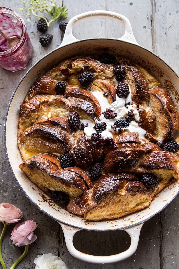 Baked Blackberry Ricotta French Toast | halfbakedharvest.com #breakfast #brunch #easy #recipes overhead photo of Baked Blackberry Ricotta French Toast