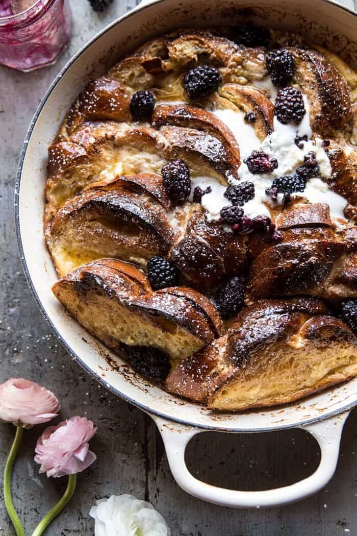 Baked Blackberry Ricotta French Toast | halfbakedharvest.com #breakfast #brunch #easy #recipes close up overhead photo of Baked Blackberry Ricotta French Toast