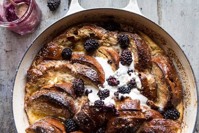 Baked Blackberry Ricotta French Toast | halfbakedharvest.com #breakfast #brunch #easy #recipes horizontal photo of Baked Blackberry Ricotta French Toast