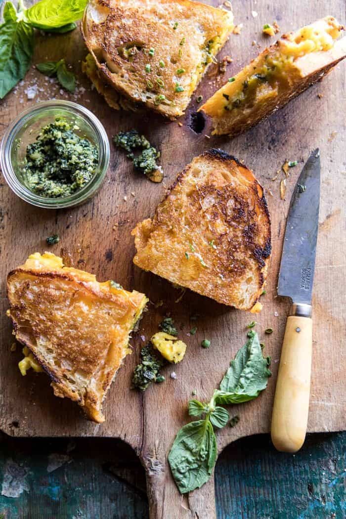 Breakfast Grilled Cheese with Soft Scrambled Eggs and Pesto | halfbakedharvest.com #breakfast #brunch #grilledcheese