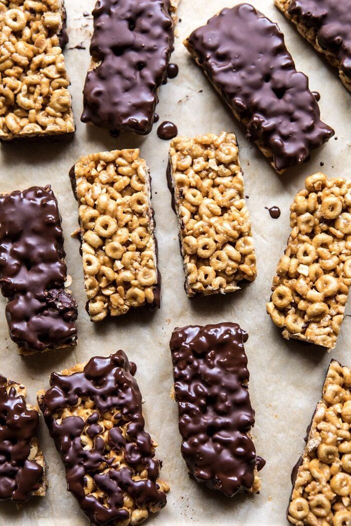 Chocolate Dipped Peanut Butter and Honey Cheerio Bars | halfbakedharvest.com #chocolate #dessert #easyrecipe overhead prep photo of Chocolate Dipped Peanut Butter and Honey Cheerio Bars