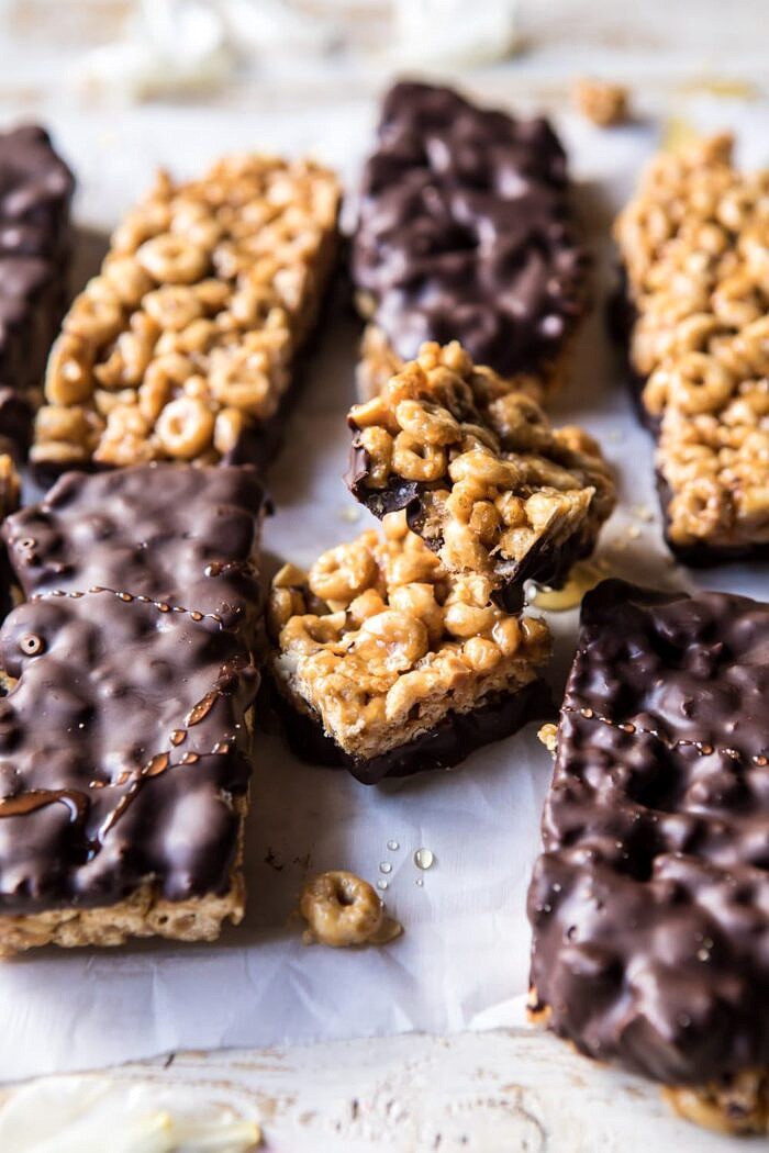 Chocolate Dipped Peanut Butter and Honey Cheerio Bars | halfbakedharvest.com #chocolate #dessert #easyrecipe side photo of Chocolate Dipped Peanut Butter and Honey Cheerio Bars