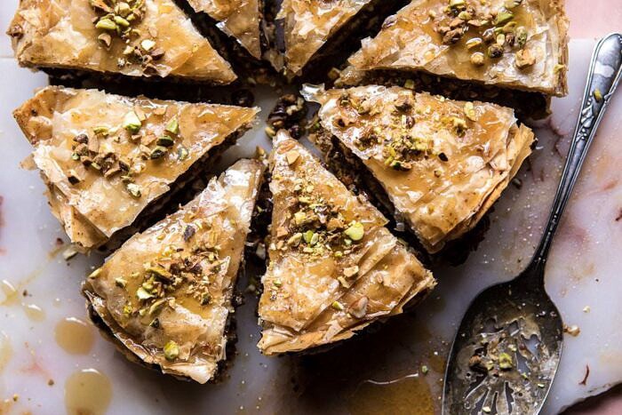 Easy Pistachio Chocolate Baklava | halfbakedharvest.com #greek #easydessert #chocolate