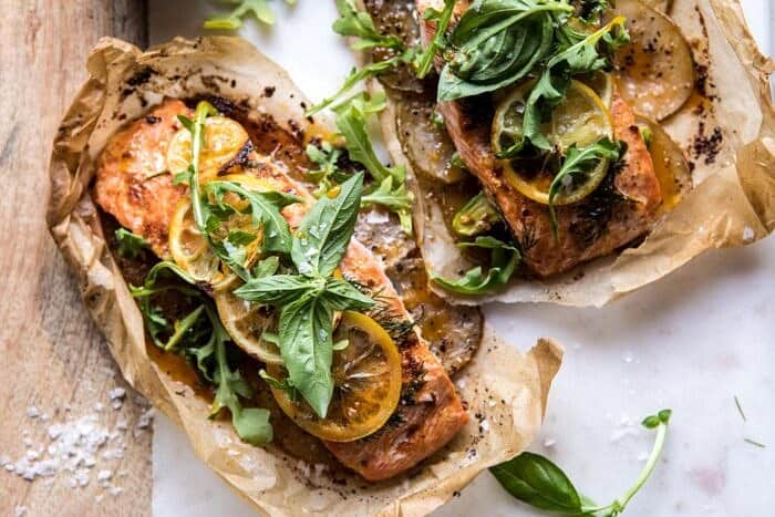 horizontal photo Parchment Baked Lemon Salmon and Potatoes with Dill Yogurt