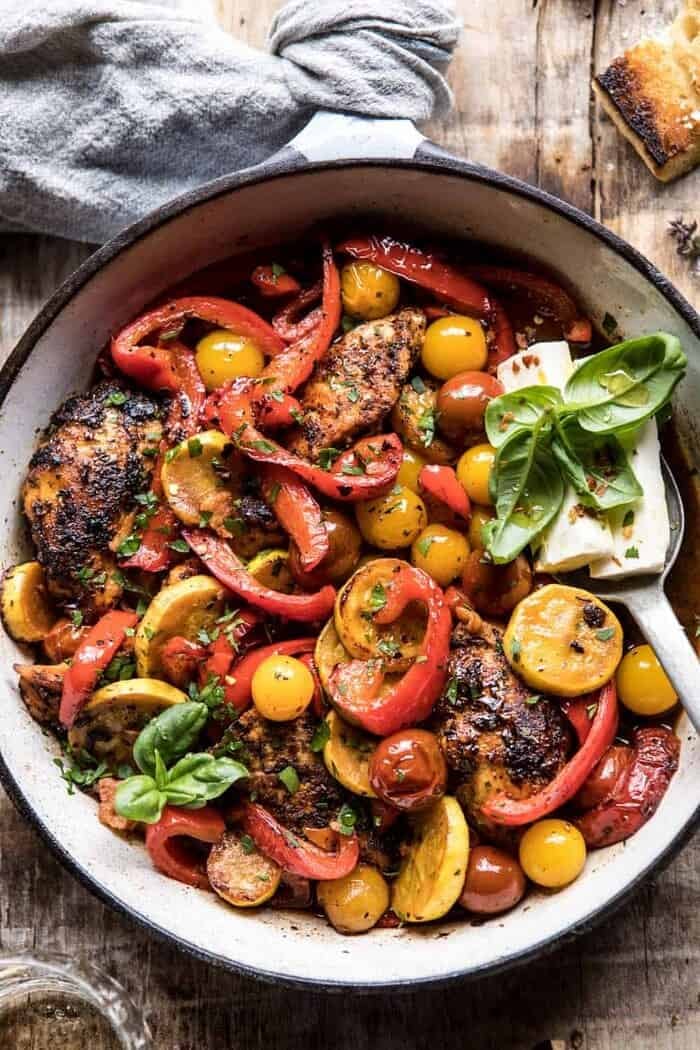 Skillet Lemon Pepper Chicken and Garden Veggies with Feta and Basil | halfbakedharvest.com #chicken #easyrecipes #summer
