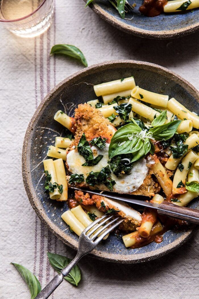 cut into photo of Spring Chicken Parmesan with Tuscan Kale Pesto