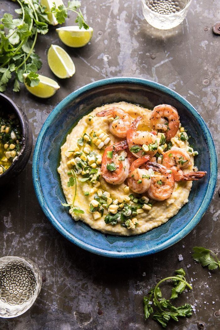 Sweet Corn Chimichurri Butter Shrimp with Polenta | halfbakedharvest.com #summer #shrimp #easyrecipes overhead photo of Sweet Corn Chimichurri Butter Shrimp with Polenta