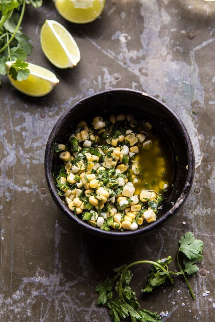 Sweet Corn Chimichurri Butter Shrimp with Polenta | halfbakedharvest.com #summer #shrimp #easyrecipes overhead photo of Chimichurri