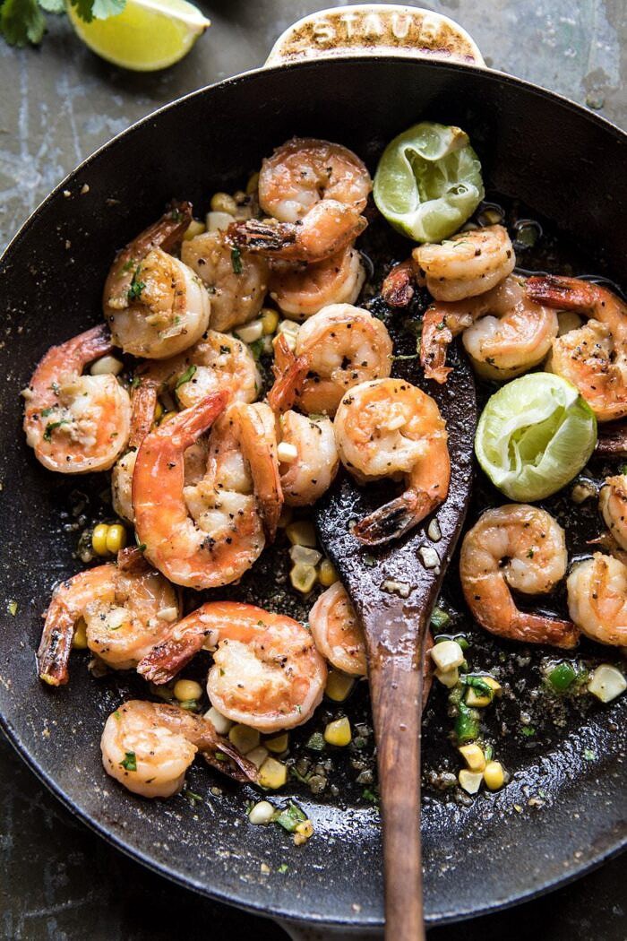 Sweet Corn Chimichurri Butter Shrimp with Polenta | halfbakedharvest.com #summer #shrimp #easyrecipes overhead photo of chimichurri shrimp