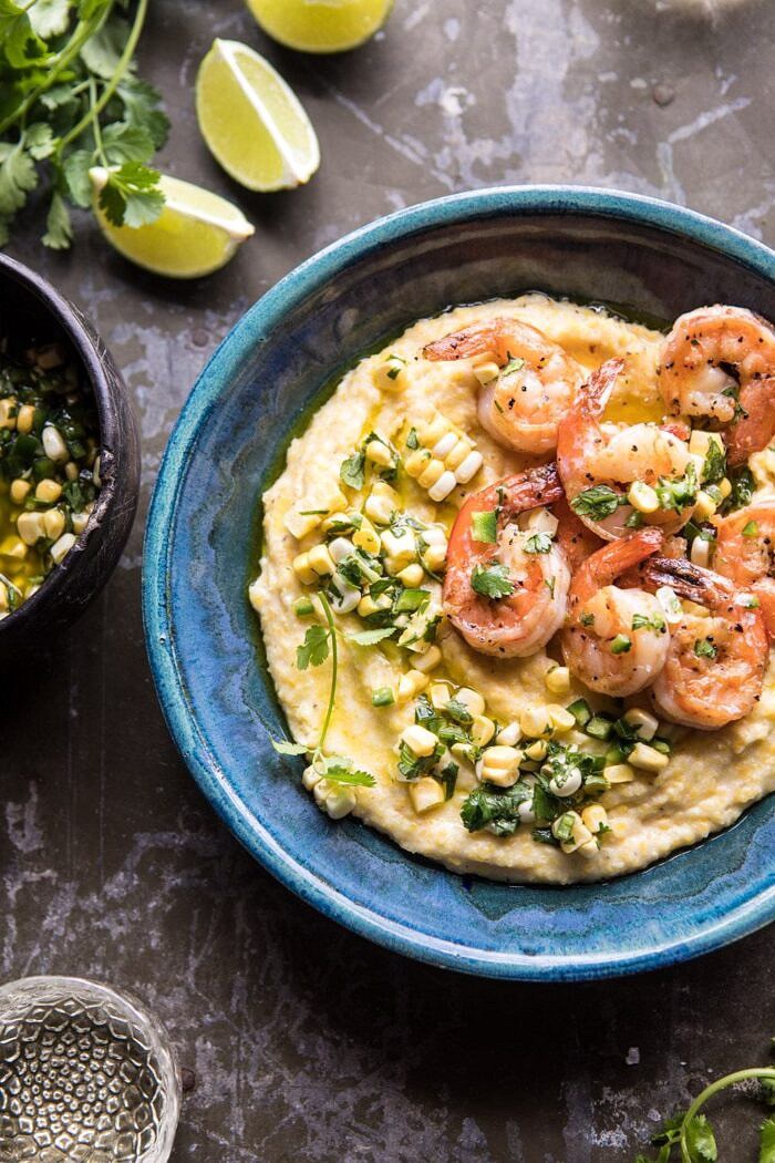Sweet Corn Chimichurri Butter Shrimp with Polenta | halfbakedharvest.com #summer #shrimp #easyrecipes close up overhead photo of Sweet Corn Chimichurri Butter Shrimp with Polenta