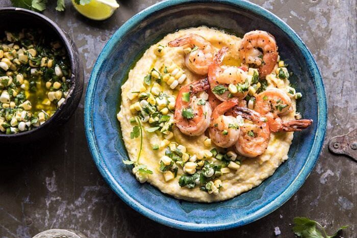 Sweet Corn Chimichurri Butter Shrimp with Polenta | halfbakedharvest.com #summer #shrimp #easyrecipes overhead horizontal photo of Sweet Corn Chimichurri Butter Shrimp with Polenta