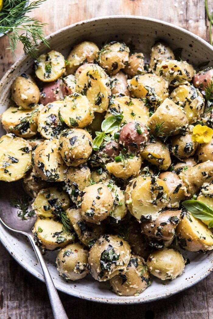 The Best Herby Potato Salad | halfbakedharvest.com #summer #easyrecipe #vegan #potatoes close up overhead photo of The Best Herby Potato Salad