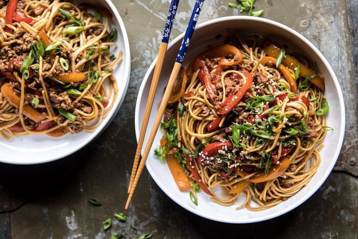 Weeknight 20 Minute Spicy Udon Noodles | halfbakedharvest.com #quick #easy #summerrecipe #healthy overhead horizontal photo of Weeknight 20 Minute Spicy Udon Noodles