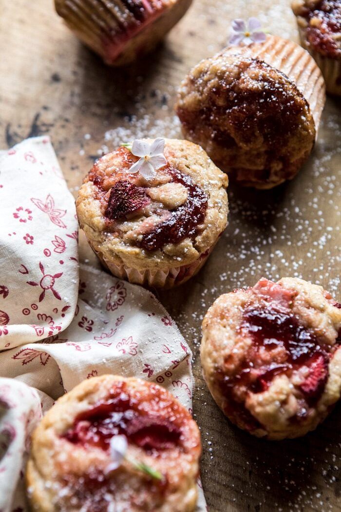side angle photo of Honey Strawberry Muffins with flowers 