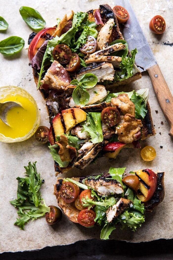 overhead photo of Open Faced Rosemary Chicken, Peach, and Bacon Sandwich