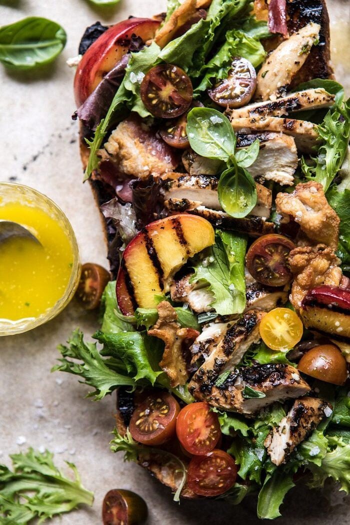 Open Faced Rosemary Chicken, Peach, and Bacon Sandwich | halfbakedharvest.com #summerrecipe #easyrecipes #peach #chicken #healthy close up photo of Open Faced Rosemary Chicken, Peach, and Bacon Sandwich