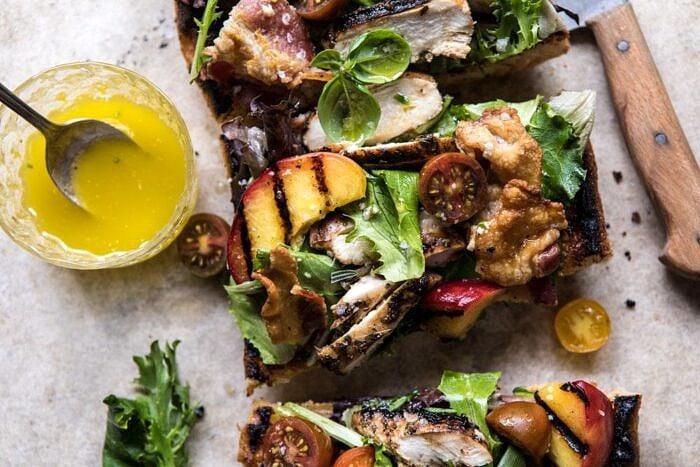 Open Faced Rosemary Chicken, Peach, and Bacon Sandwich | halfbakedharvest.com #summerrecipe #easyrecipes #peach #chicken #healthy horizontal overhead photo of Open Faced Rosemary Chicken, Peach, and Bacon Sandwich