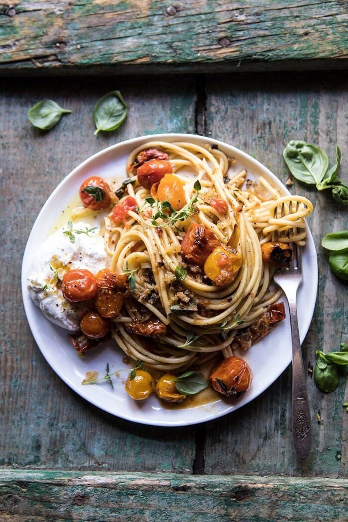 overhead photo of Skillet Burst Cherry Tomato Summer Pasta with Lemony Breadcrumbs
