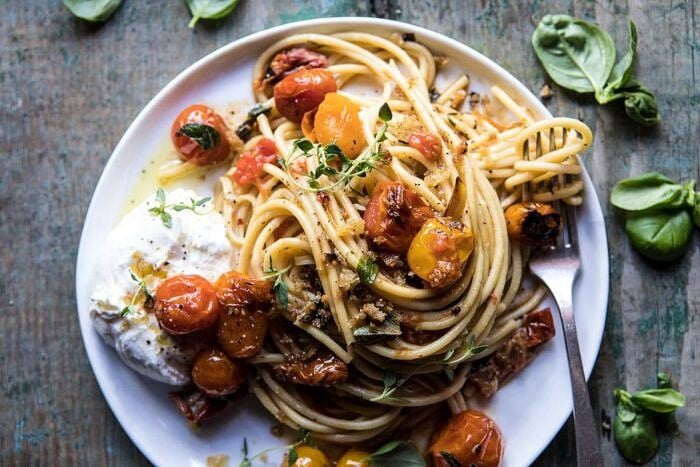 horizontal photo of Skillet Burst Cherry Tomato Summer Pasta with Lemony Breadcrumbs 