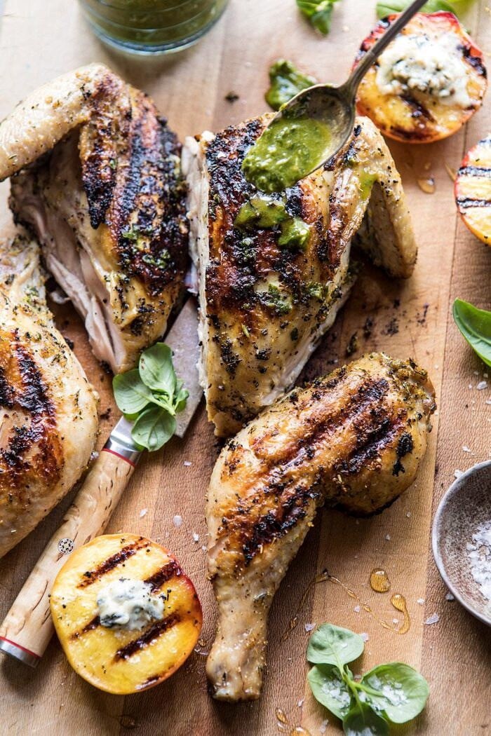 Whole Grilled Chicken with Peaches and Basil Vinaigrette | halfbakedharvest.com #chicken #easy #grilling #summer