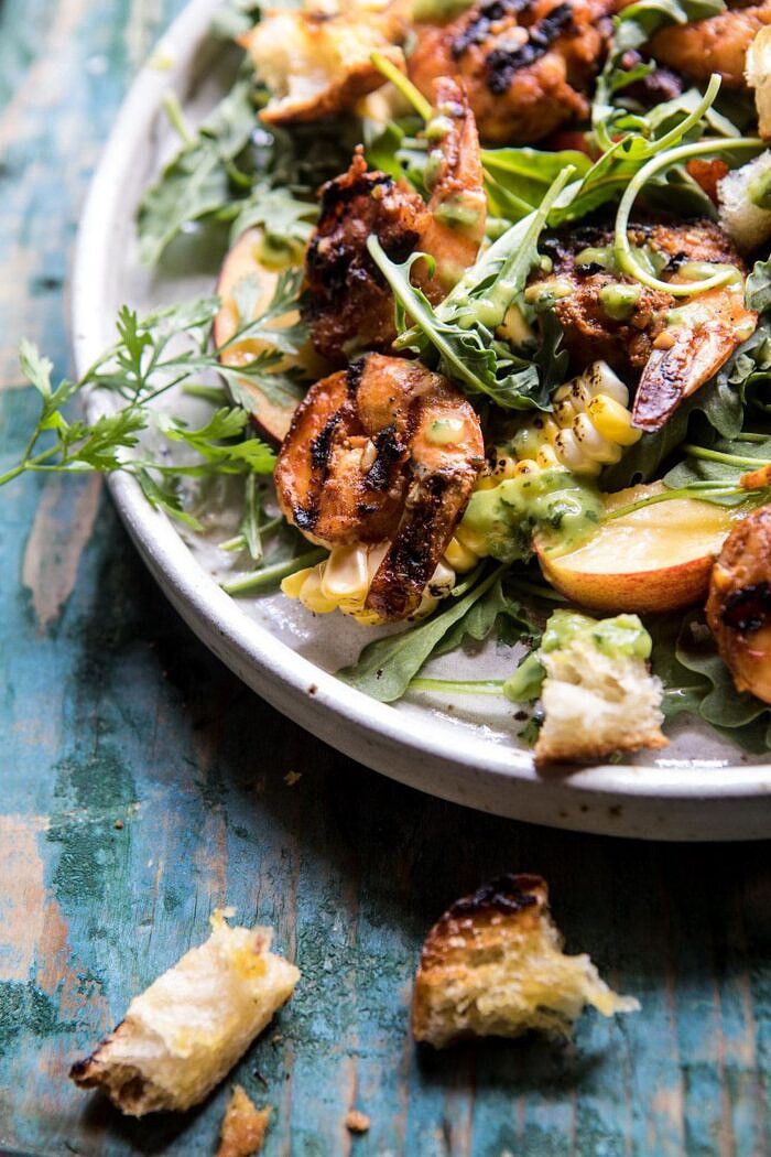 Zesty Grilled Shrimp, Bread and Sweet Peach Salad with Avocado Vinaigrette | halfbakedharvest.com #salad #shrimp #healthyrecipes #summerrecipes #grilling