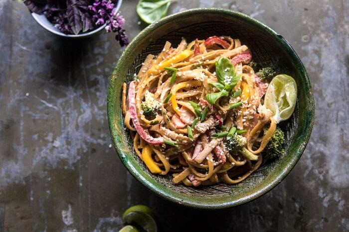 overhead horizontal photo of 20 Minute Sesame Basil Chicken Noodles