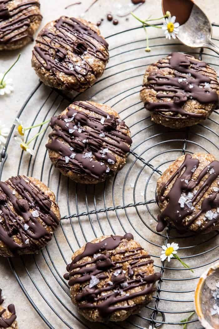 overhead close up photo of 6 Ingredient No Bake Chocolate Chip Cookies 