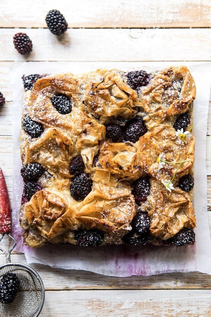 overhead photo of whole, uncut Blackberry Ruffled Milk Pie 