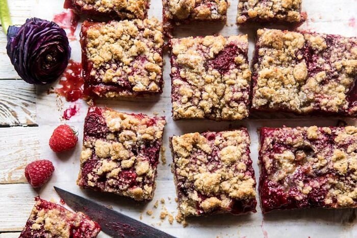 overhead horizontal photo of Buttery Raspberry Crumble Bars 