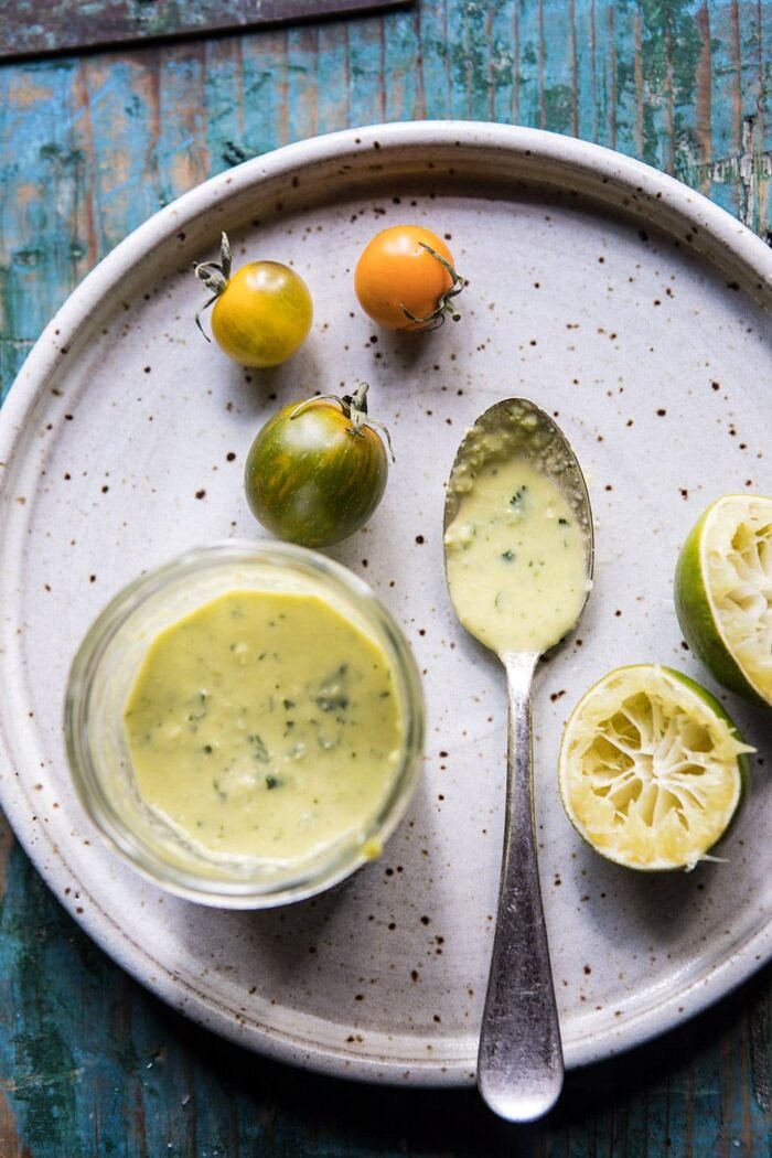 Chipotle Shrimp Cobb Salad with Jalapeno Corn Vinaigrette | halfbakedharvest.com #shrimp #salad #summerrecipes #mexican overhead photo of Jalapeno Corn Vinaigrette