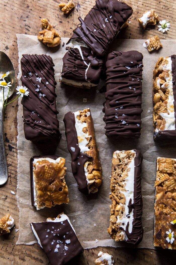 overhead photo of Chocolate Caramel Crunch Ice Cream Bars