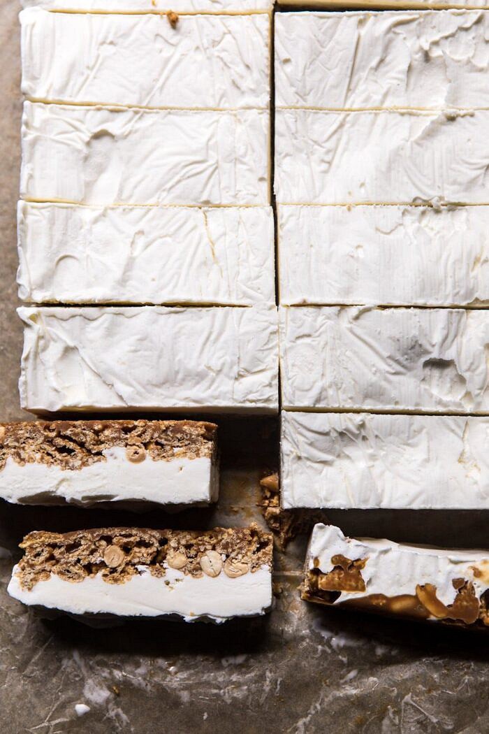 overhead photo of Chocolate Caramel Crunch Ice Cream Bars before dipping in chocolate 