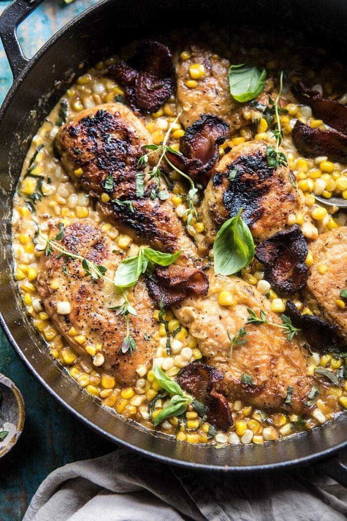 Garlic Butter Creamed Corn Chicken | halfbakedharvest.com #chicken #corn #summer #easy #dinner