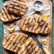 Honey, Peach, and Brie Panini with Bacon Butter | halfbakedhavrest.com #grilledcheese #peaches #easyrecipes #summer