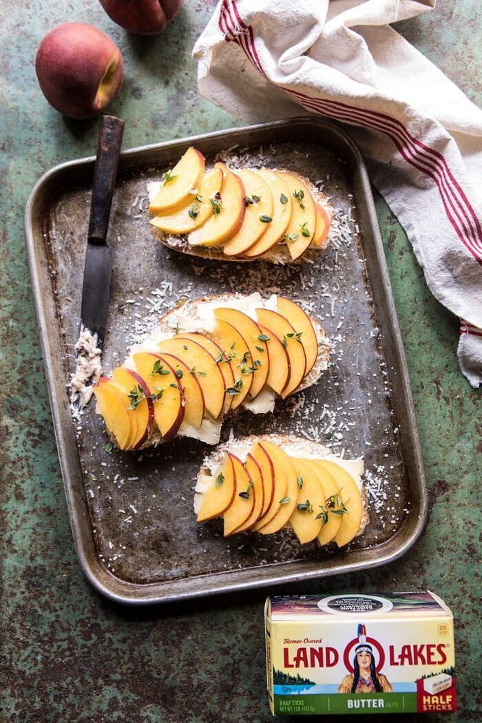 Honey, Peach, and Brie Panini with Bacon Butter | halfbakedhavrest.com #grilledcheese #peaches #easyrecipes #summer overhead photo of Honey, Peach, and Brie Panini with Bacon Butter without tops of bread and before cooking