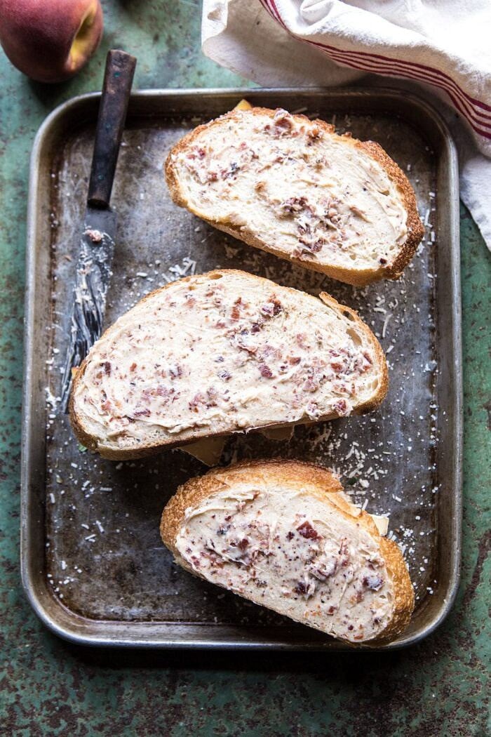 Honey, Peach, and Brie Panini with Bacon Butter | halfbakedhavrest.com #grilledcheese #peaches #easyrecipes #summer overhead photo of Honey, Peach, and Brie Panini with Bacon Butter before cooking