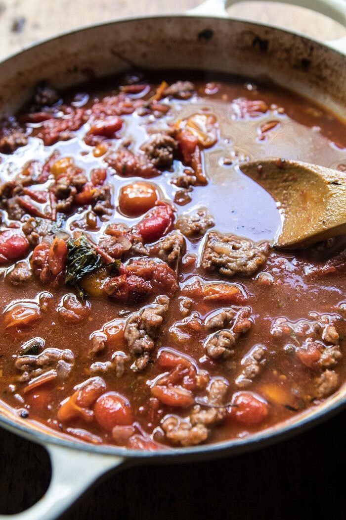 side angle photo of tomato sauce in skillet