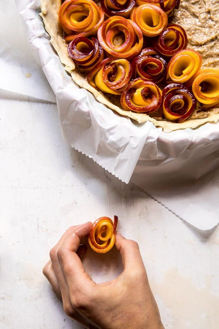 Sweet Peach Rose Tart | halfbakedharvest.com #peach #summerrecipes #tart #summer #pie peach rose petal prep shot