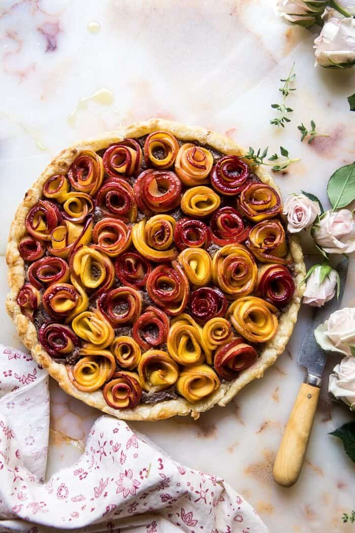 Sweet Peach Rose Tart | halfbakedharvest.com #peach #summerrecipes #tart #summer #pie far out overhead photo of Sweet Peach Rose Tart