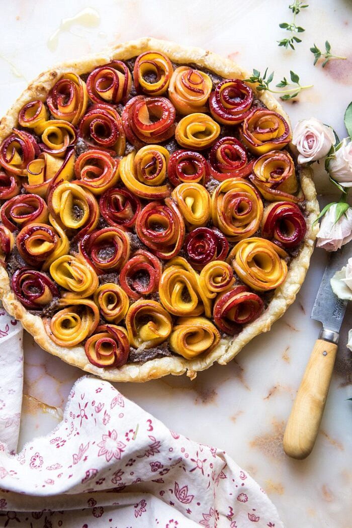 Sweet Peach Rose Tart | halfbakedharvest.com #peach #summerrecipes #tart #summer #pie overhead photo of whole Sweet Peach Rose Tart
