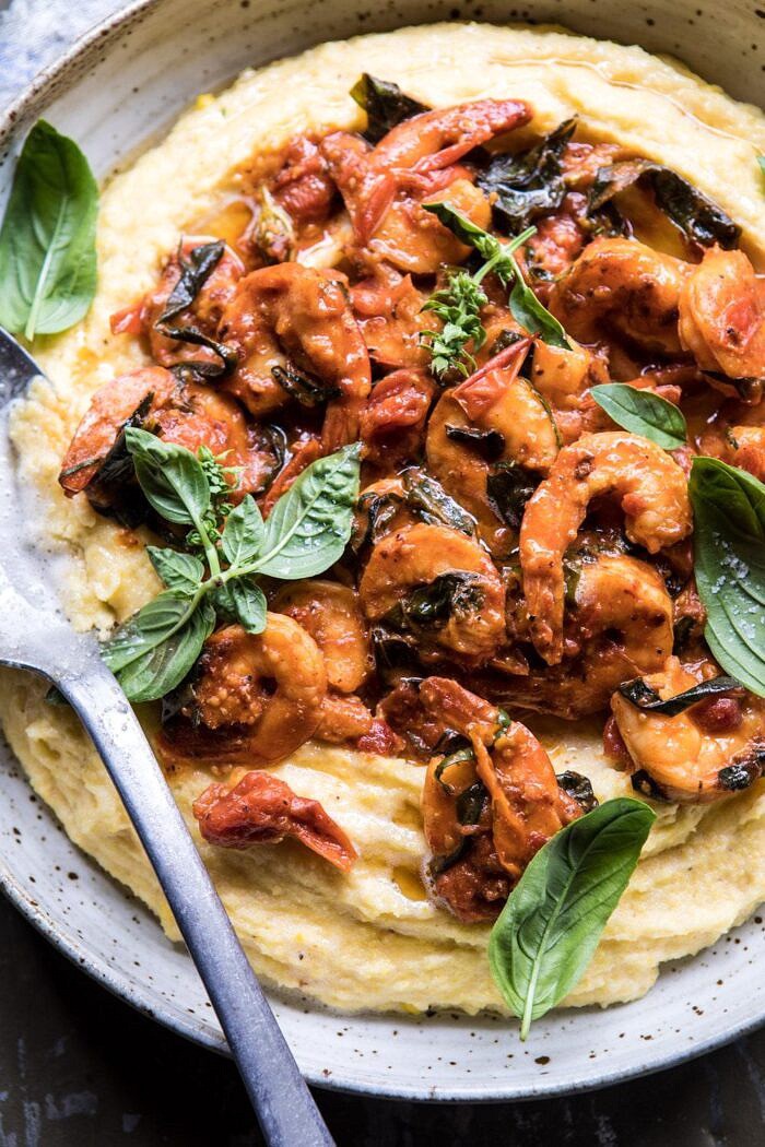 close up photo of Basil Pomodoro Shrimp with Creamed Corn Polenta 