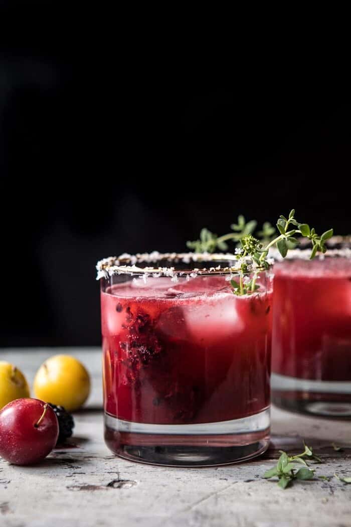 front on photo of Blackberry Thyme Margarita with plums in photo 