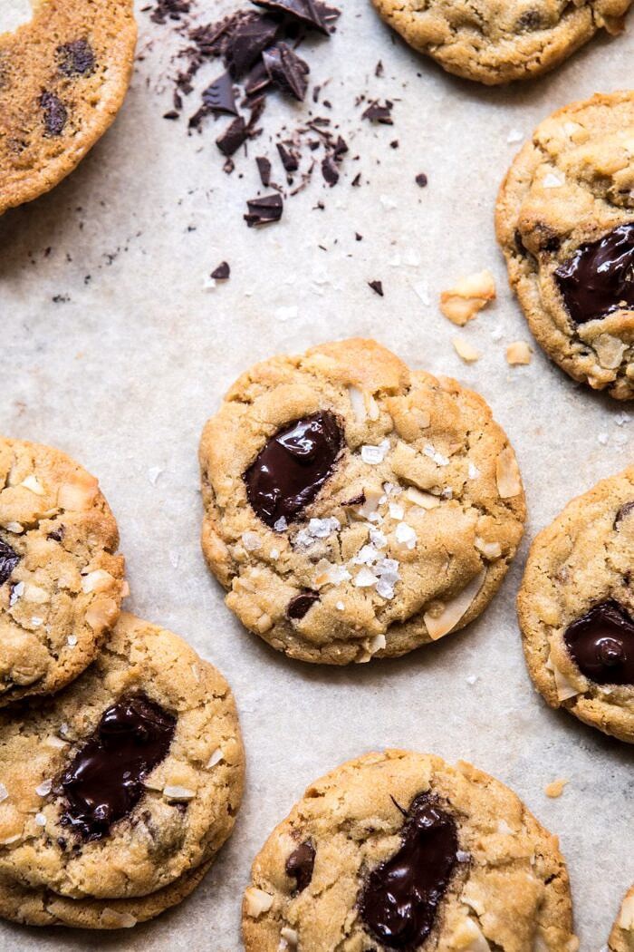 close up overhead photo of Browned Butter Coconut Chocolate Chip Cookies 